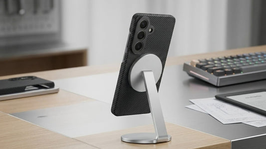 Galaxy S26 in black Thinborne case attached to a MagSafe stand on top of table