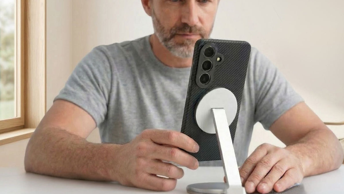 Guy in gray shirt facing Galaxy S26 Plus in Thinborne case attached to a MagSafe stand