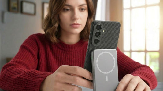 Woman in red sweater holding Galaxy S26 Plus in Thinborne aramid fiber case