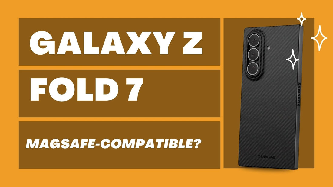 Galaxy Z Fold 7 shown with Thinborne MagSafe-compatible case featuring aramid fiber design and magnetic ring for Qi2 charging support.