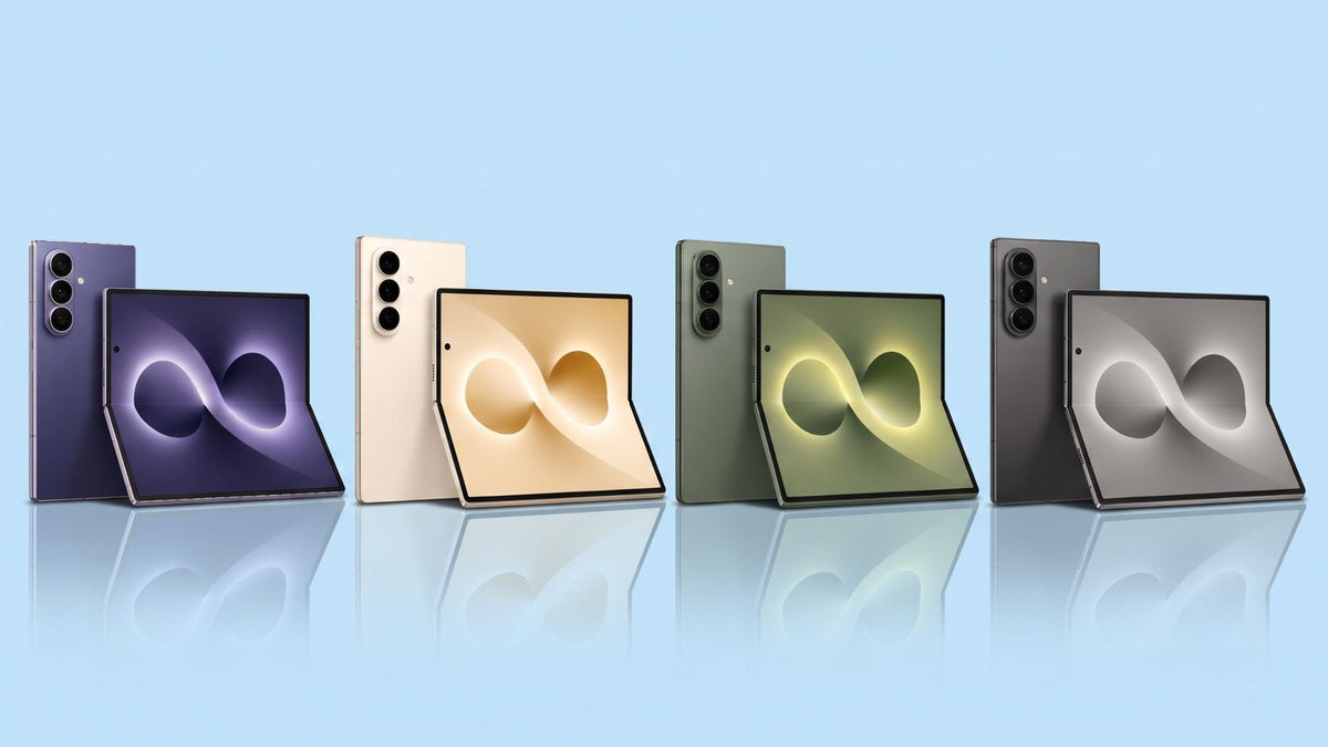Galaxy Z Fold 8 Ultra exclusive color lineup showing Purple, White, Green, and Black foldable phone renders 