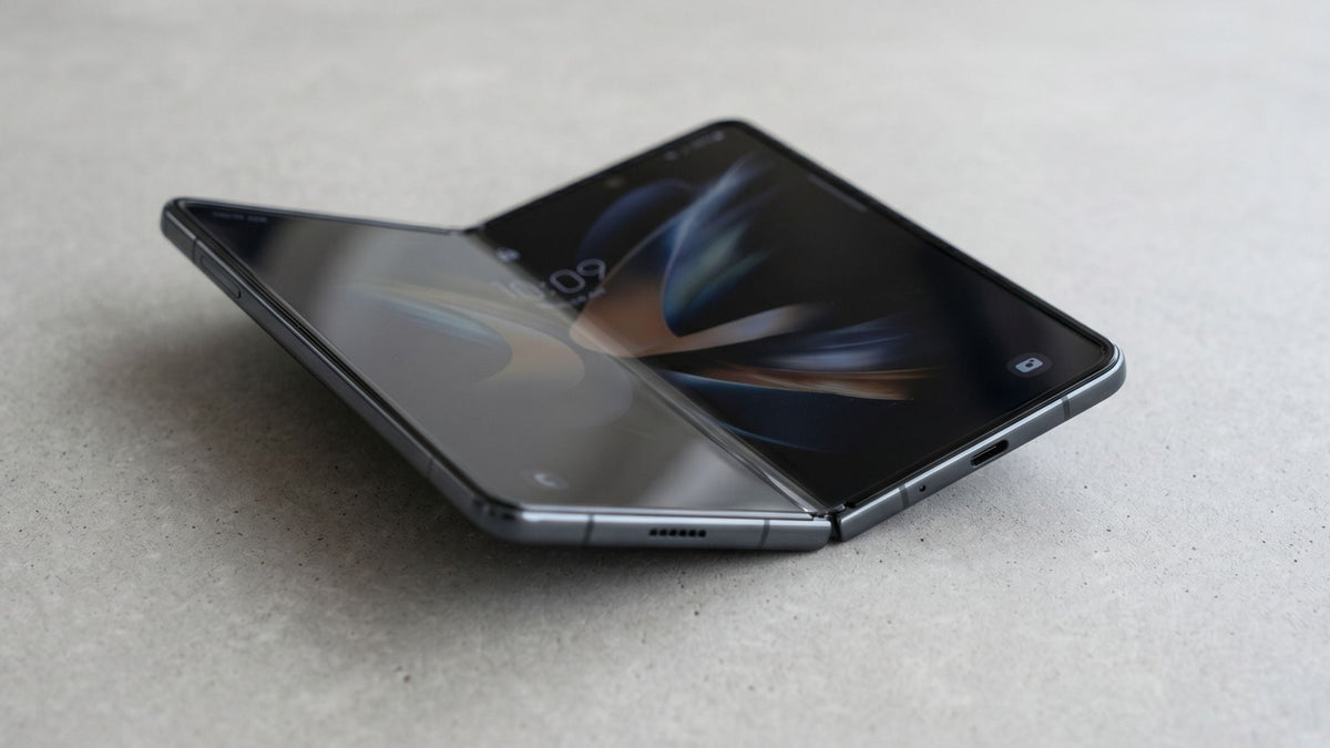 AI-generated image of Galaxy Z Fold phone unfolded but not totally open showing crease
