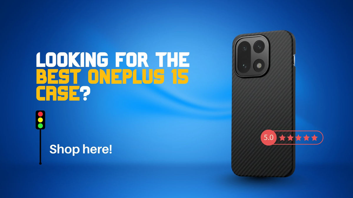 giant oneplus 15 phone in an ultra thin aramid fiber case with text on the left 