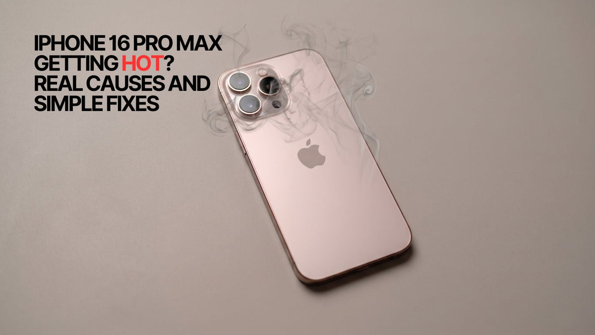 iPhone 16 Pro Max case shown beside an overheating phone with smoke effect and heat warning text. 