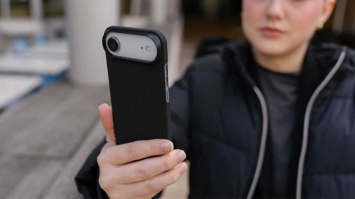 Woman holding iPhone 17 Air in a thin Thinborne case