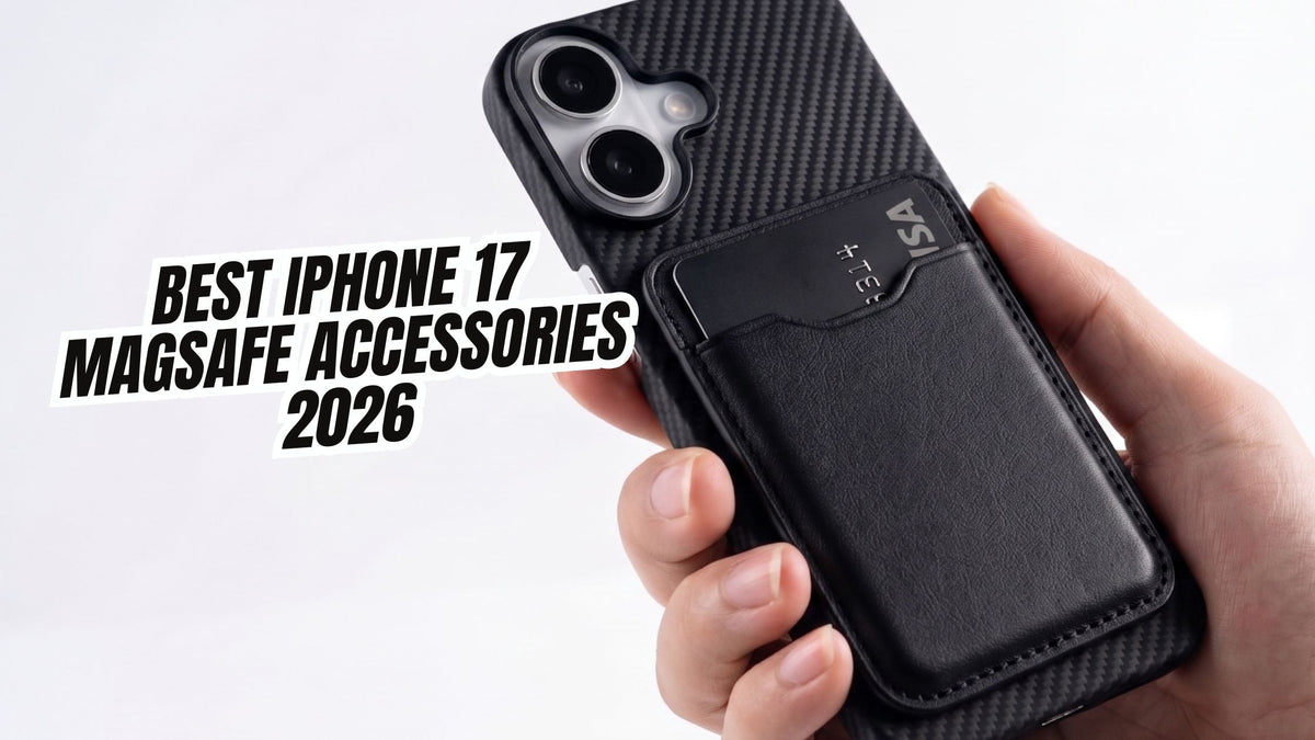 Man’s hand holding iPhone 17 in black aramid fiber Thinborne case with MagSafe wallet attached to the back