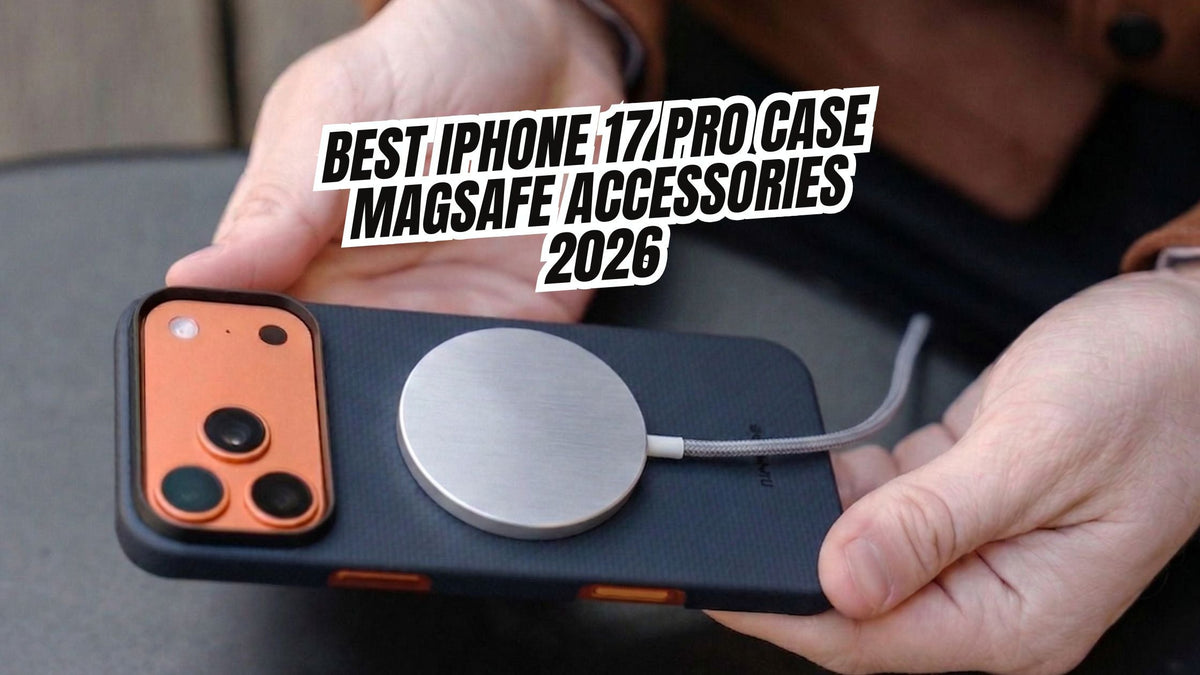 Man's hand holding iPhone 17 Pro in black Thinborne aramid case with MagSafe charger attached at the back