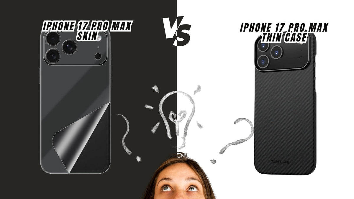 iPhone 17 pro max skins vs thin case banner photo with halfed showed face of thinking woman