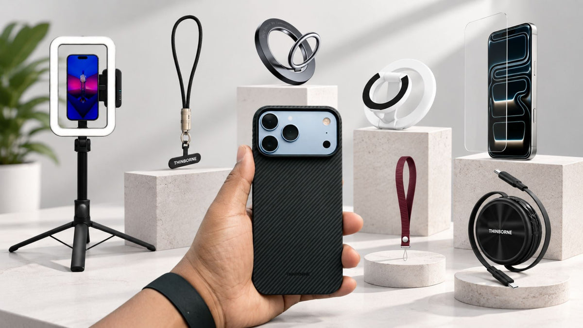 ThinBorne iPhone 18 Pro Max case with MagSafe accessories and charging essentials 