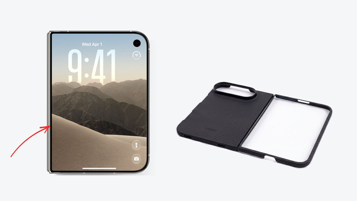 iphone duo cover display with arrow pointing to the left edge and an iphone duo case black aramid fiber