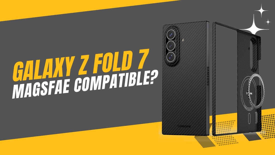 Galaxy Z Fold 7 shown with Thinborne MagSafe-compatible case featuring aramid fiber design and magnetic ring for Qi2 charging support.