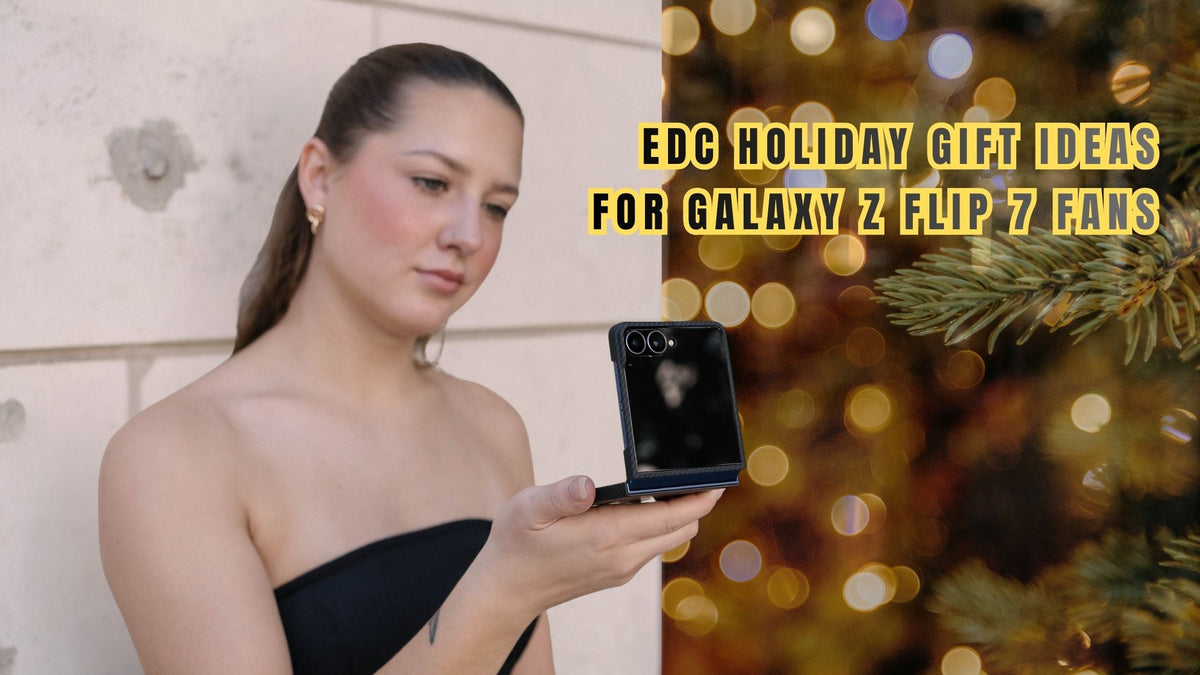Lady holding her Galaxy Z Flip 7 phone in aramid fiber case in holiday background