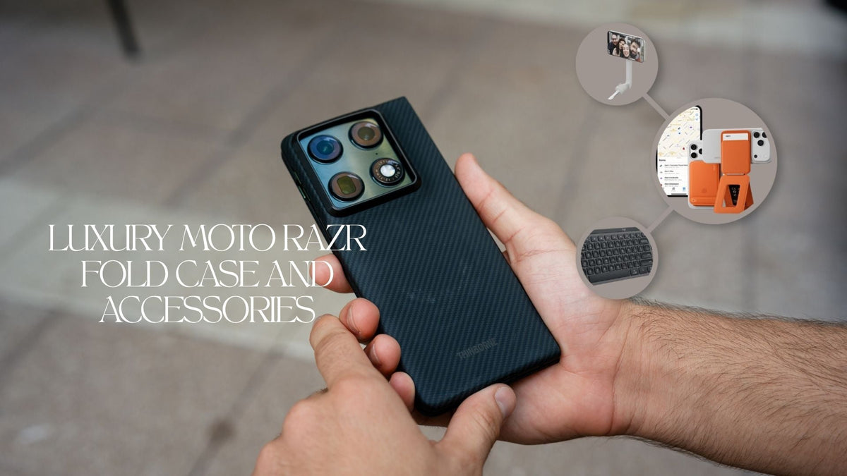 Man’s hand holding Motorola phone in Thinborne Moto Razr Fold case with other accessories in the background