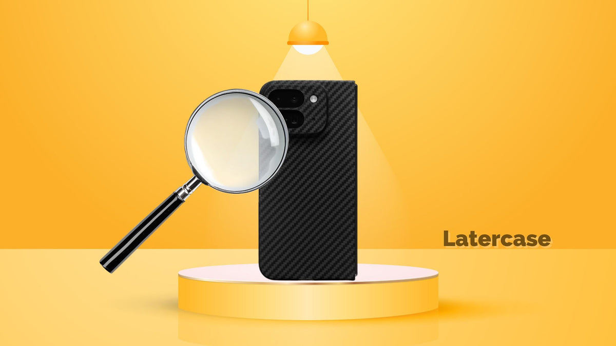 Magnifying glass on Pixel 9 Pro Fold in aramid fiber case in yellow background