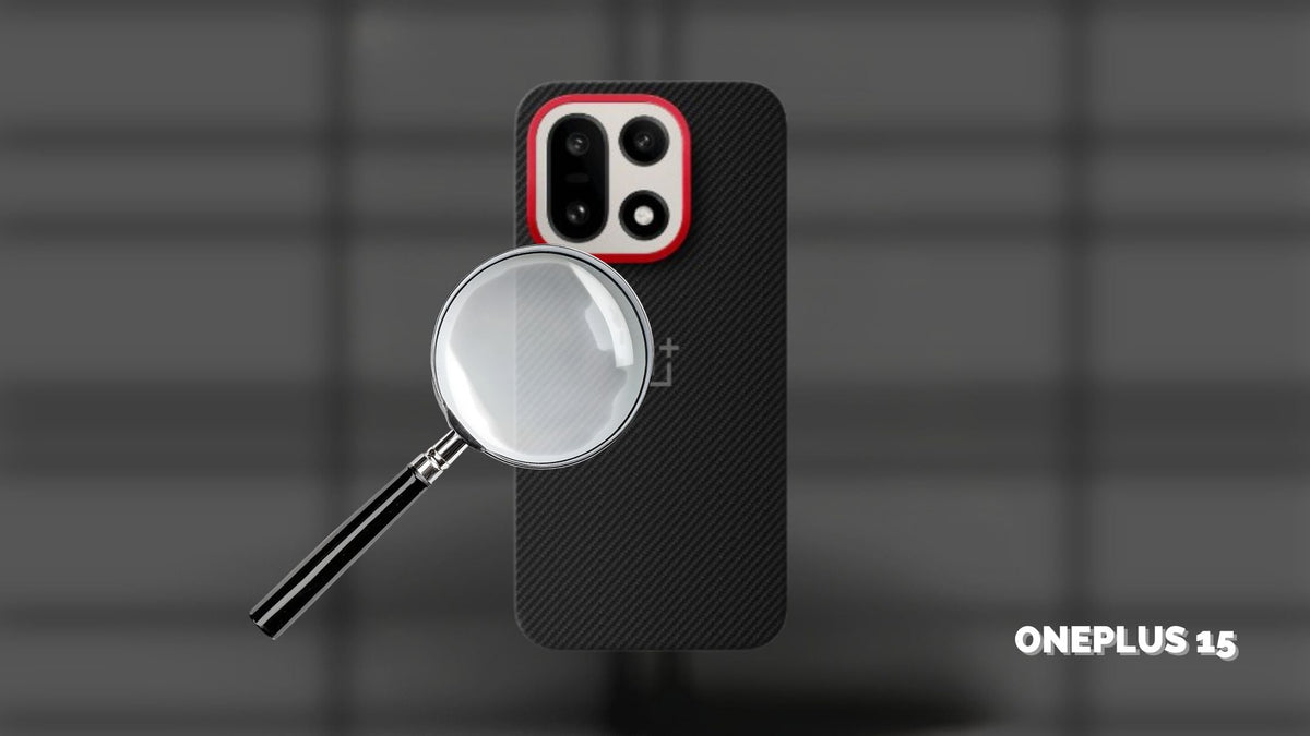 OnePlus 15 aramid fiber magnetic case review banner with magnifying glass