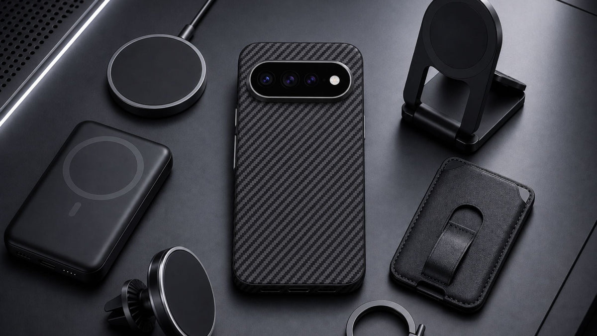Google Pixel 11 Pro XL case surrounded by magnetic accessories