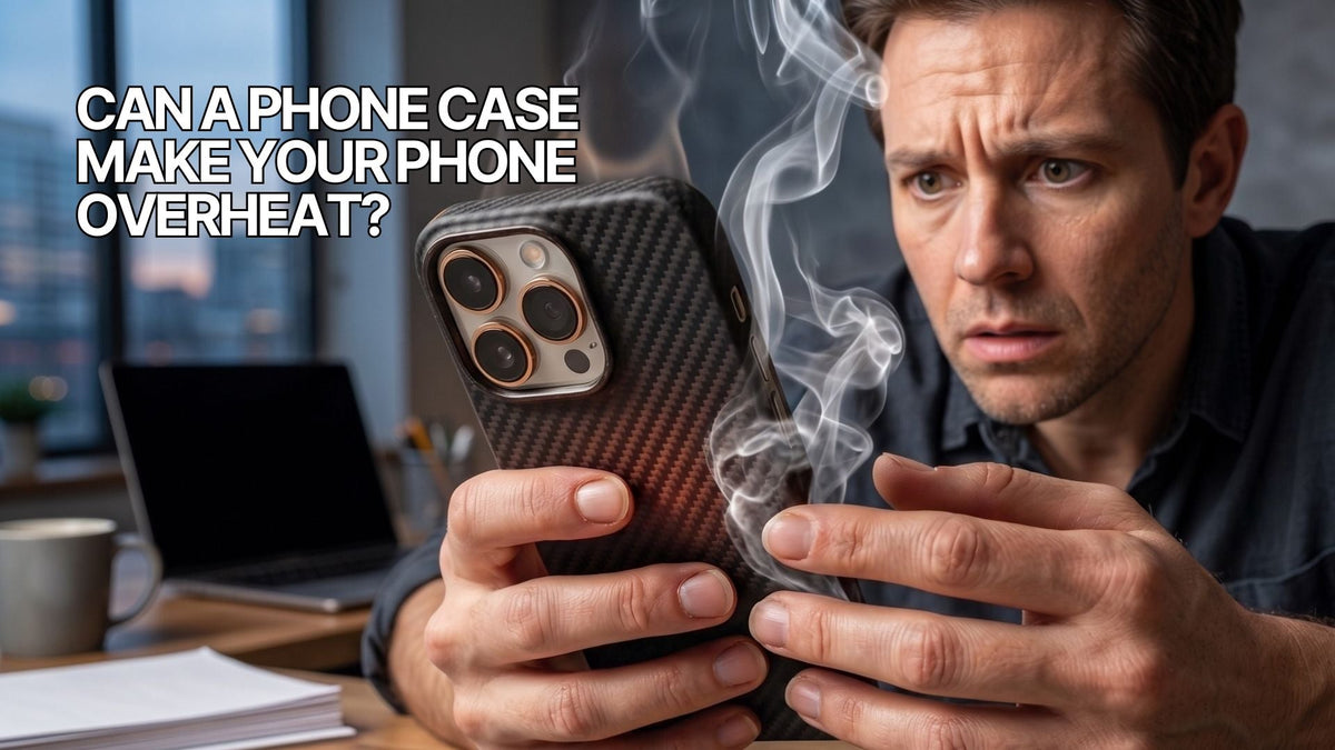 Man holding an overheating iPhone with smoke while using a carbon fiber phone case. 