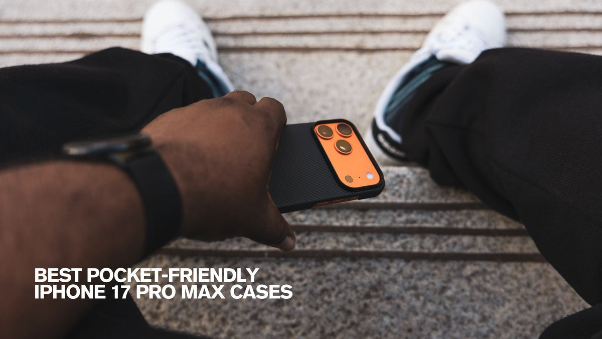 man in black pants and white shoes wearing a watch while holding a pocketfriendly iphone 17 pro max case showing thin aramid fiber case