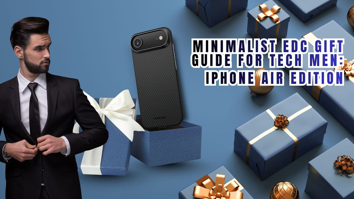 man in black suit surrounded by gifts and aramid fiber case on the iphone air 