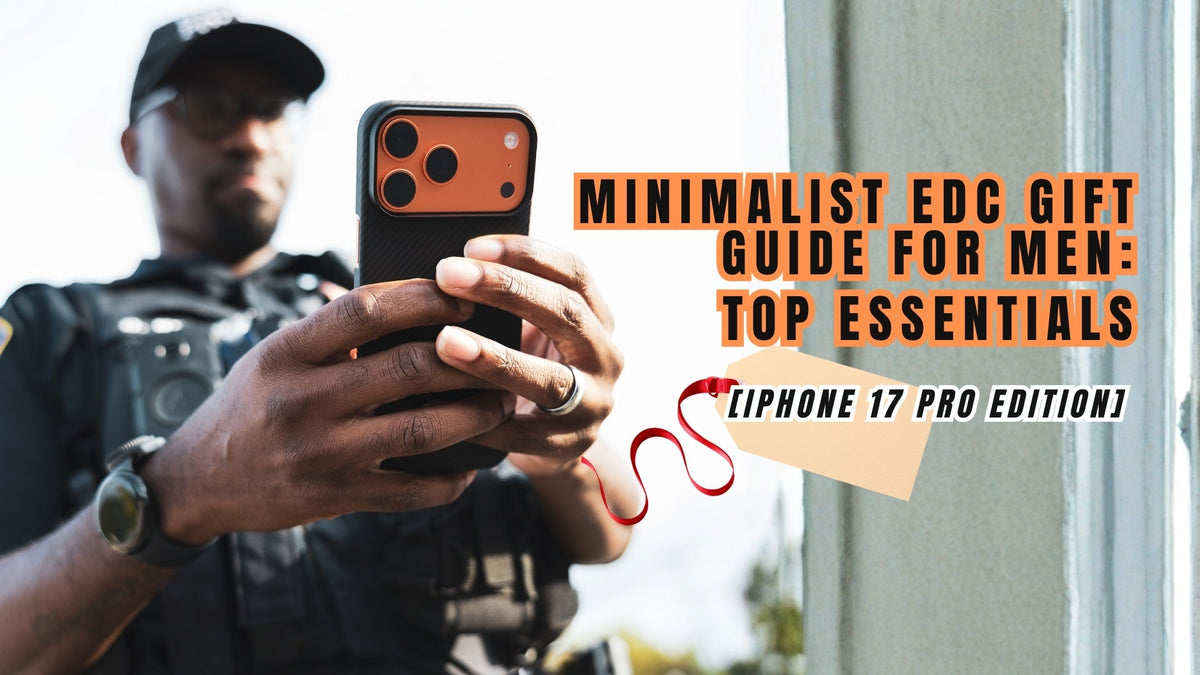 man in black uniform holding a black slim aramid fiber case on the iphone 17 pro