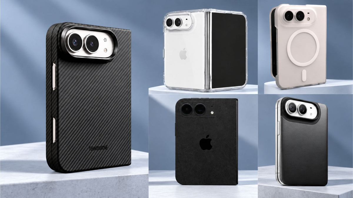 Five minimalist iPhone Duo case options, including aramid fiber, clear, magnetic, and leather-style cases.