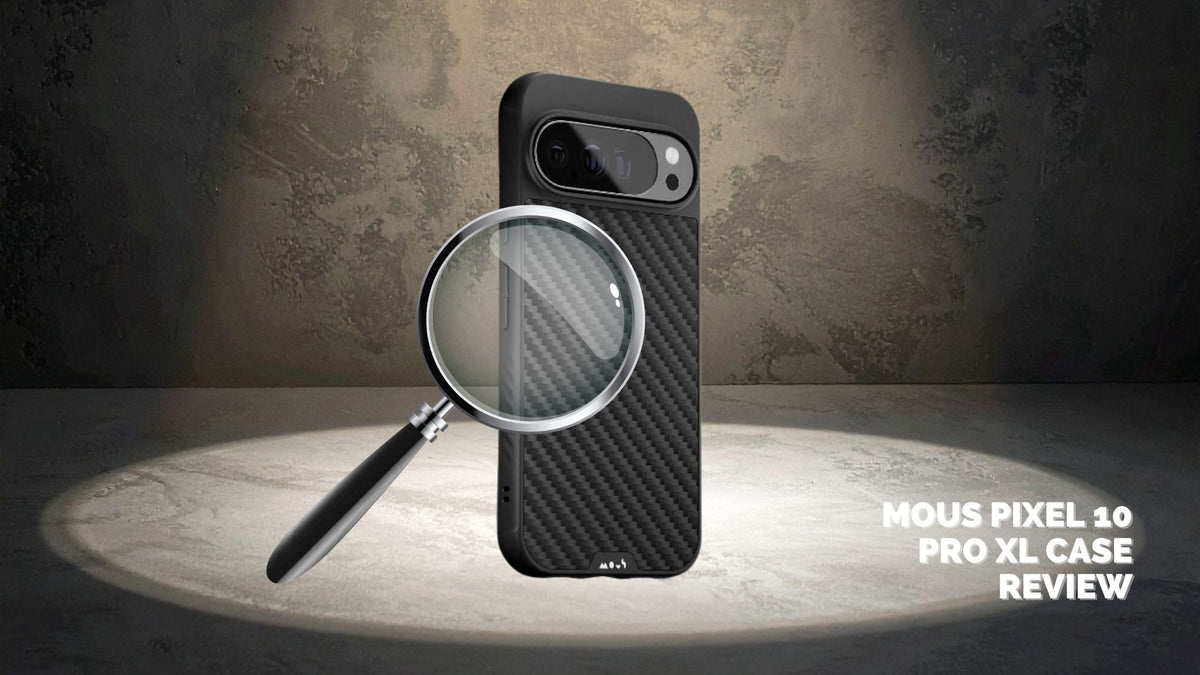 Magnifying glass hovering over the Mous Pixel 10 Pro XL case
