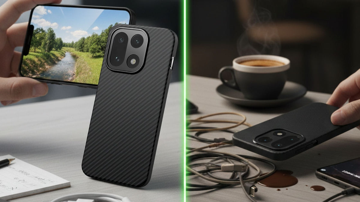 OnePlus 15 phone with thin aramid fiber case black matte in two scenarios