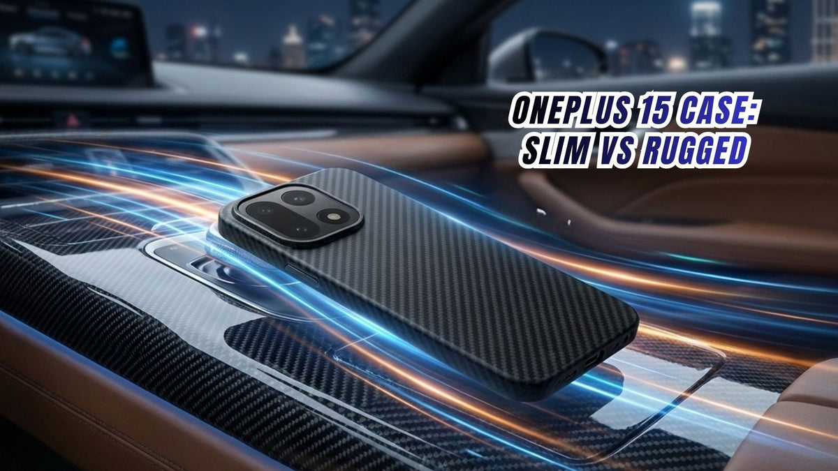 Oneplus 15 slim vs rugged case text with background inside of a moving car showing ultra thin aramid fiber case