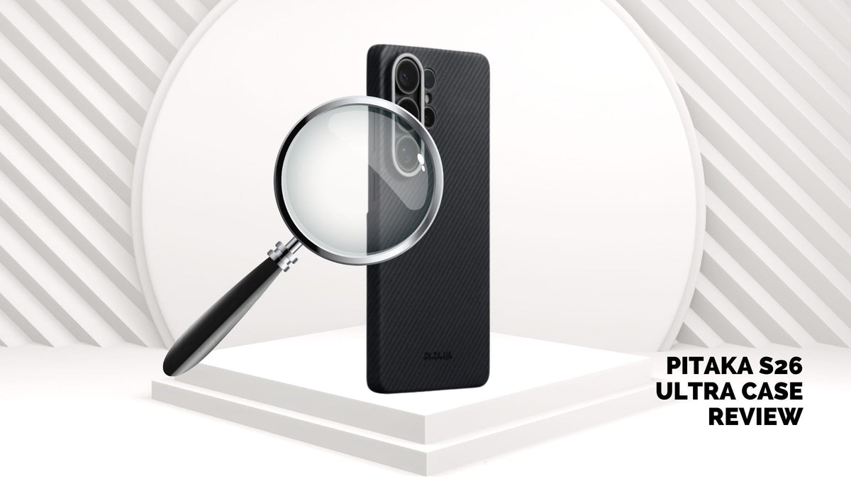 Magnifying glass hovering on Galaxy S26 Ultra in black PITAKA aramid fiber case