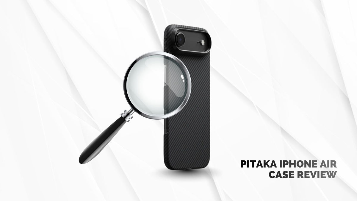 Magnifying glass hovering on iPhone Air in black PITAKA aramid fiber case on white background with thin lines