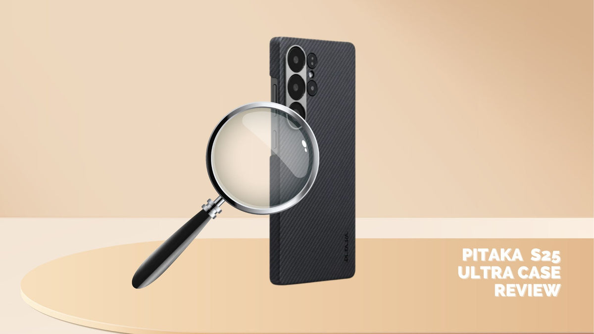 Magnifying glass hovering over black grey PITAKA S25 Ultra case