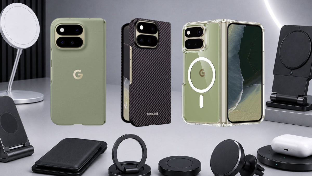 Pixel 11 Pro Fold cases surrounded by magnetic accessories