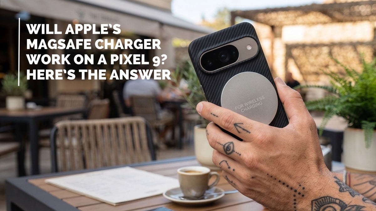 Pixel 9 case with MagSafe-style wireless charger attached during outdoor cafe use