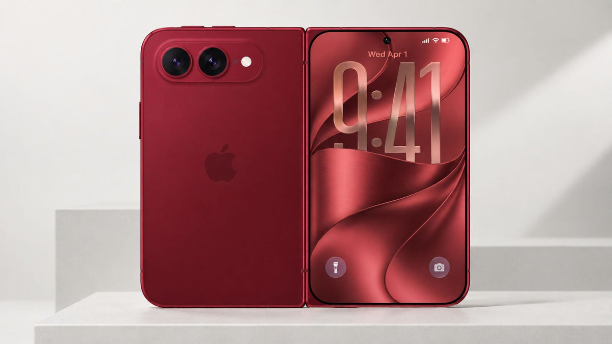 Red foldable iPhone concept with dual cameras and large inner display on a minimalist background