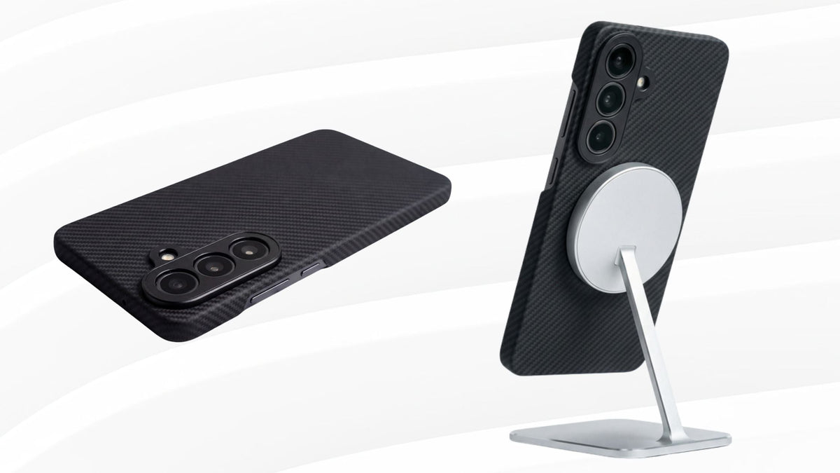 Samsung Galaxy S26 face down in Thinborne case beside another S26 attached to a MagSafe stand