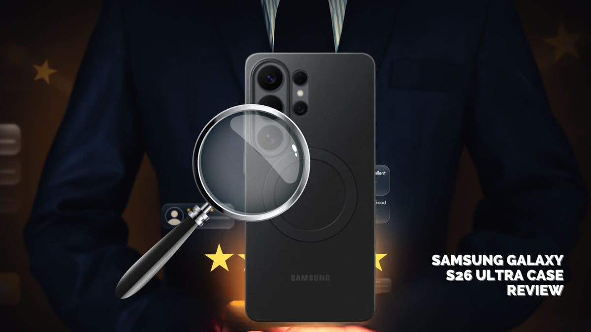 Magnifying glass over Samsung Galaxy S26 Ultra in black Samsung case