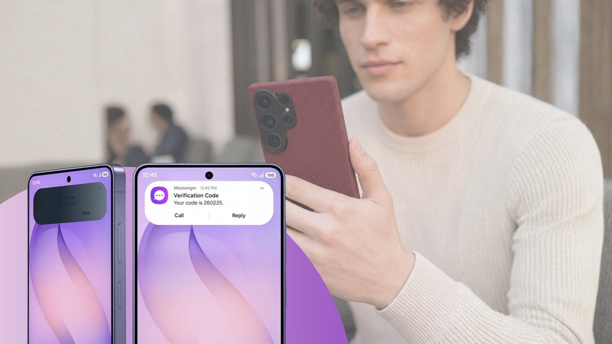 Samsung galaxy s26 ultra privacy display with man in the background using a thin aramid fiber case for the S26 ultra in crimson red