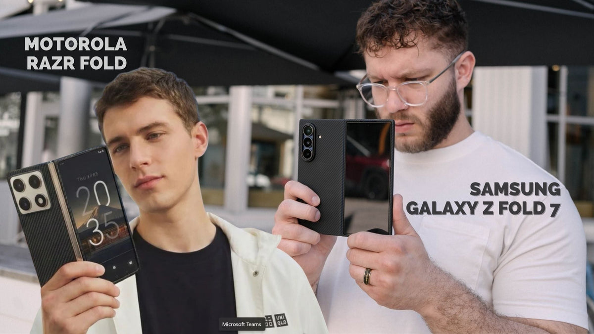 Man holding a Motorola Razr Fold beside a Man holding a Galaxy Z Fold 7