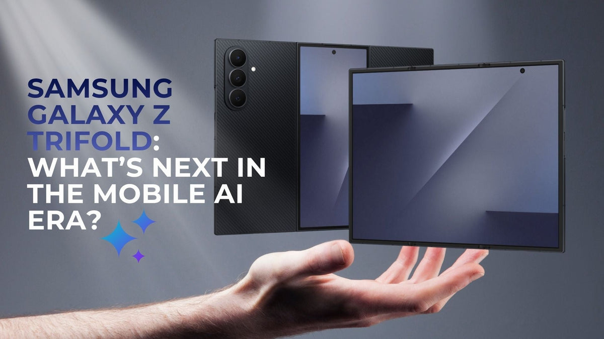 Samsung Galaxy Z Trifold mobile AI era shpwing photo of the trifold device on palm