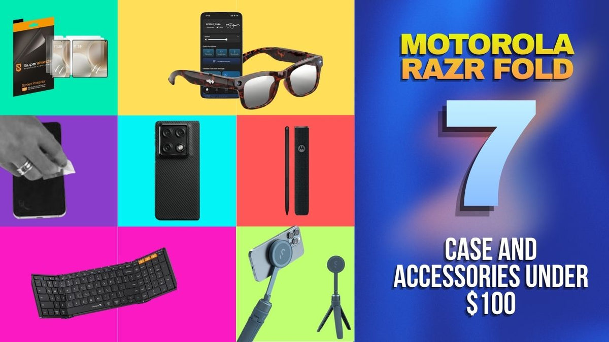 Collage of 7 Motorola Razr Fold case and accessories in colorful background