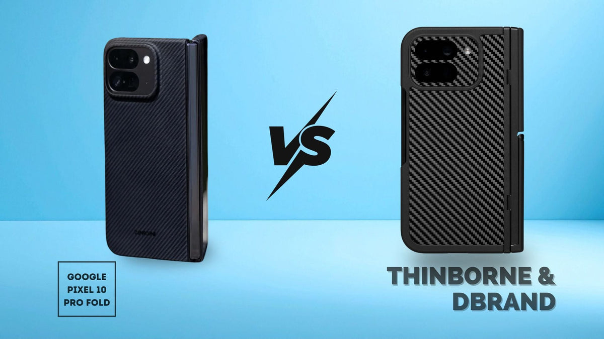 Side-by-side photo of ThinBorne and dBrand Pixel 10 Pro Fold Grip case