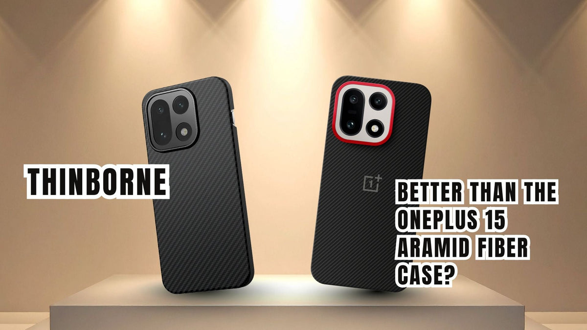 Side-by-side photo of ThinBorne OnePlus 15 Aramid Fiber case and Official OnePlus 15 Aramid Fiber magnetic case
