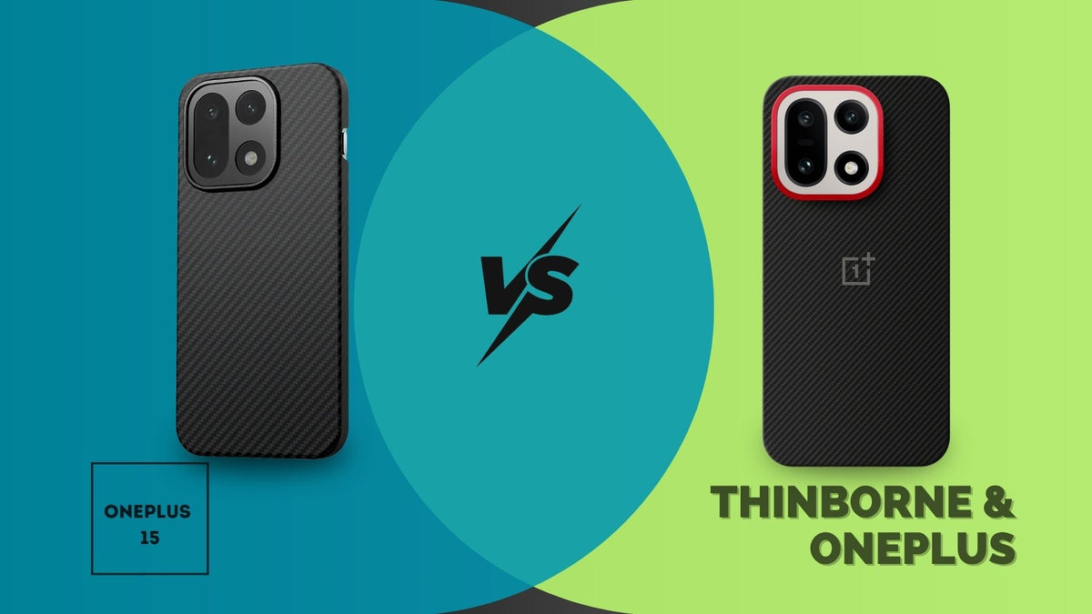 Side-by-side photo of ThinBorne OnePlus 15 Aramid Fiber case and Official OnePlus 15 Aramid Fiber magnetic case