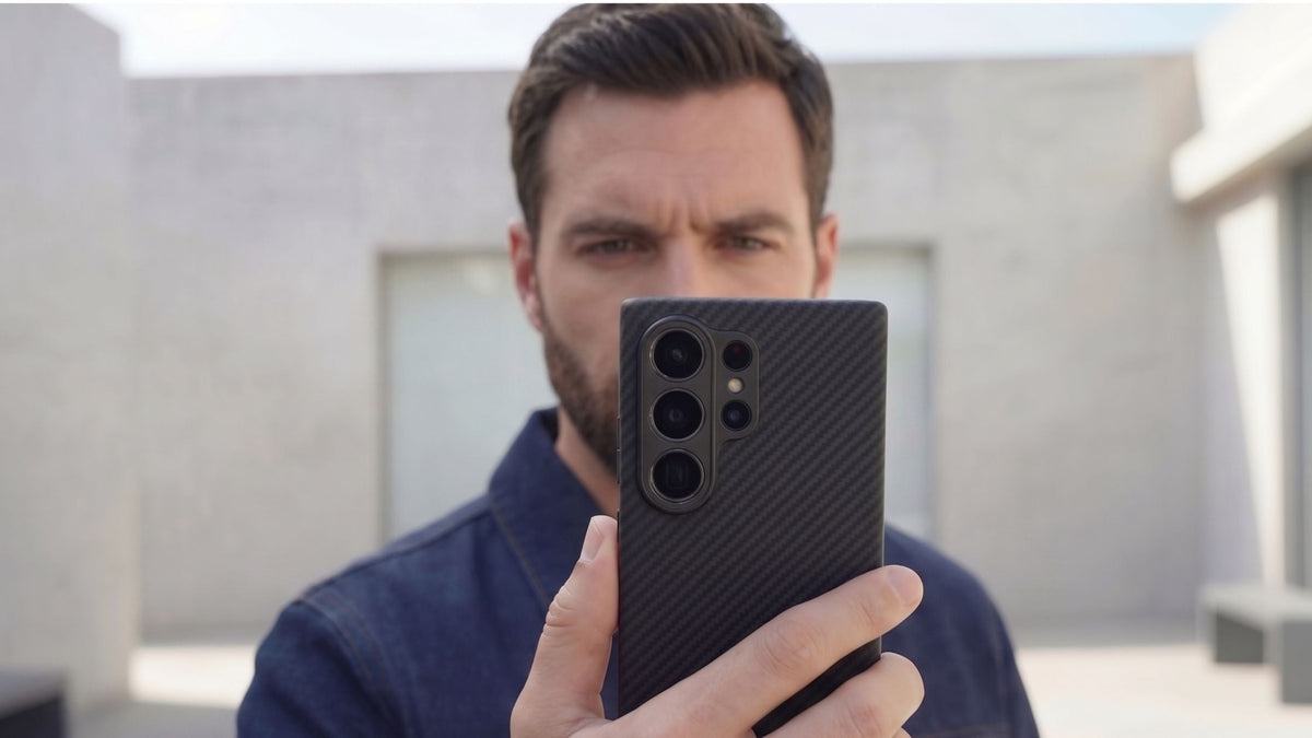 Man in a blue polo shirt holding a slim Samsung Galaxy S26 Ultra case with a lightweight aramid fiber design for everyday use