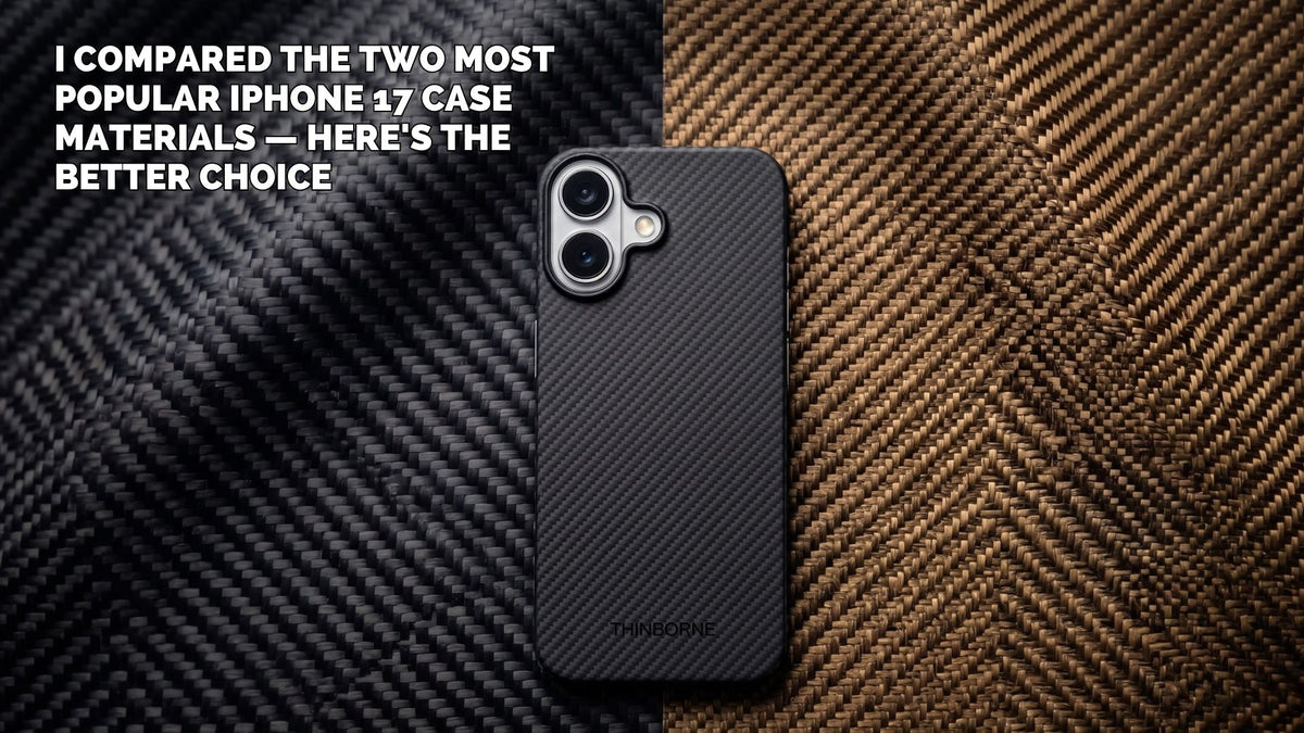 Slim smartphone case with carbon fiber-style finish on woven composite background.