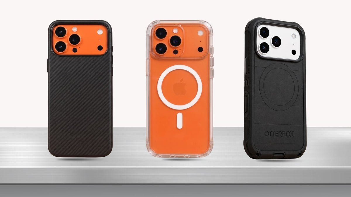 Three iPhone 17 Pro phones in ultra thin, clear, and rugged cases standing side by side
