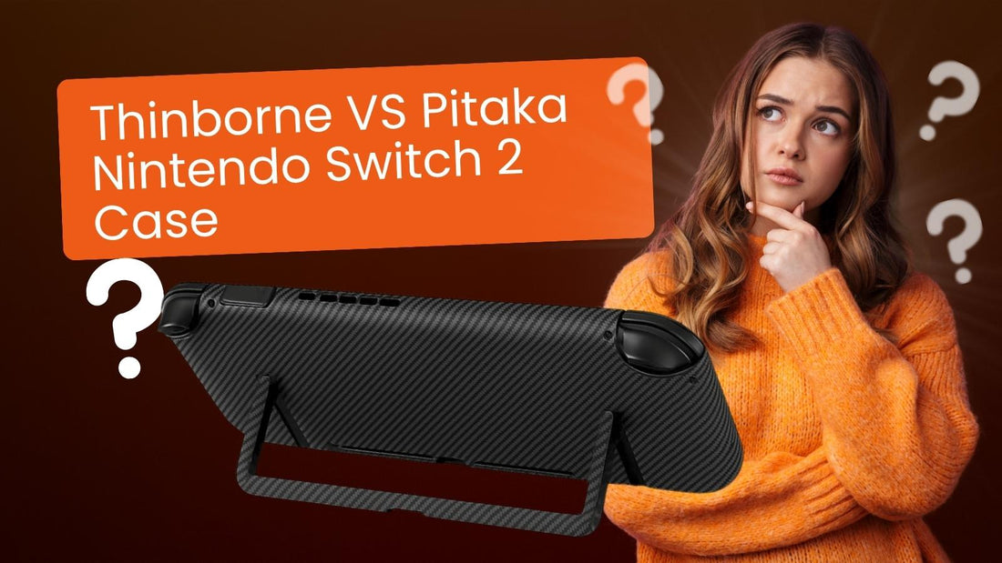 A woman with question marks above her head, thinking about how Thinborne compares to the Pitaka Nintendo Switch 2 case.