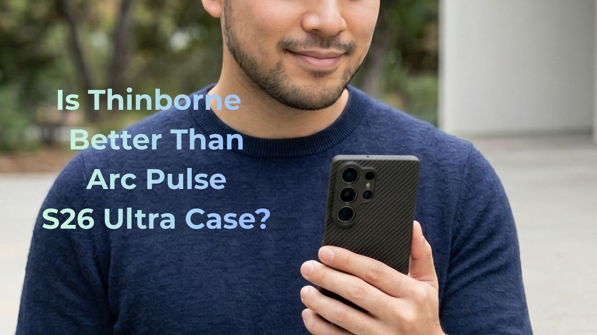 Guy in blue shirt holding S26 Ultra in black Thinborne aramid fiber case