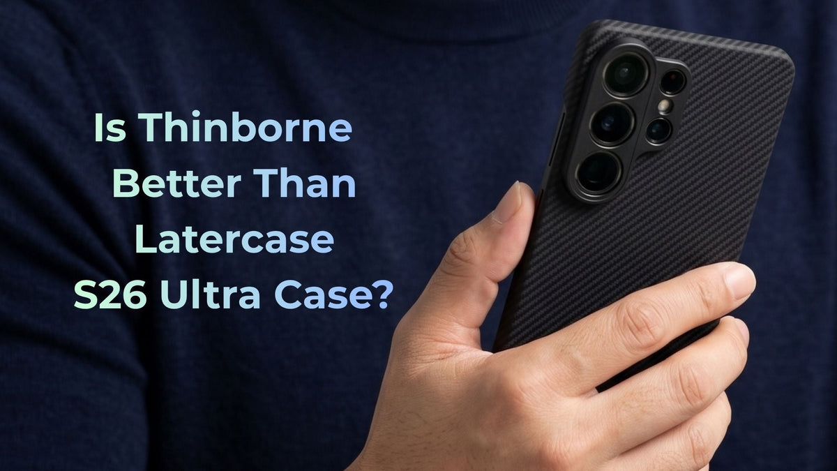 Man’s hand holding Samsung Galaxy S26 Ultra in black Thinborne aramid fiber case in blue background