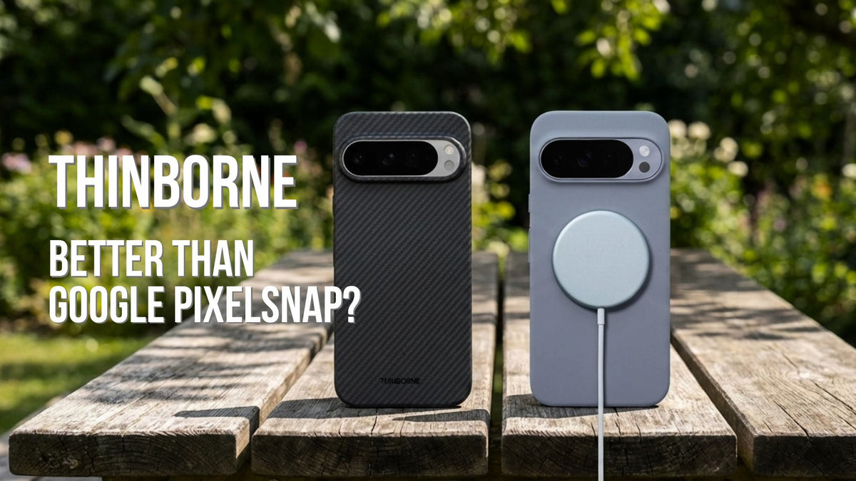 Thinborne Pixel 10 Pro aramid fiber matte black case compared to Google Pixelsnap case in frost with MagSafe